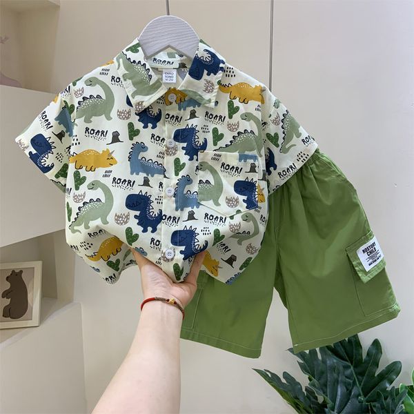 

boys' summer shirt dinosaur pattern short sleeve two-piece set, White