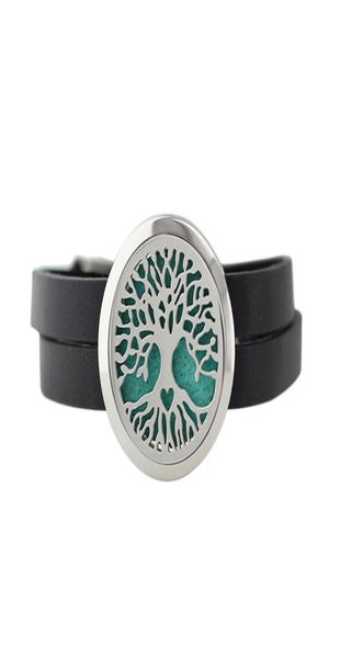 

3 styles life tree 30mm 316l stainless steel perfume essential oil locket black leather bracelet with replacement pads4650741, Golden;silver