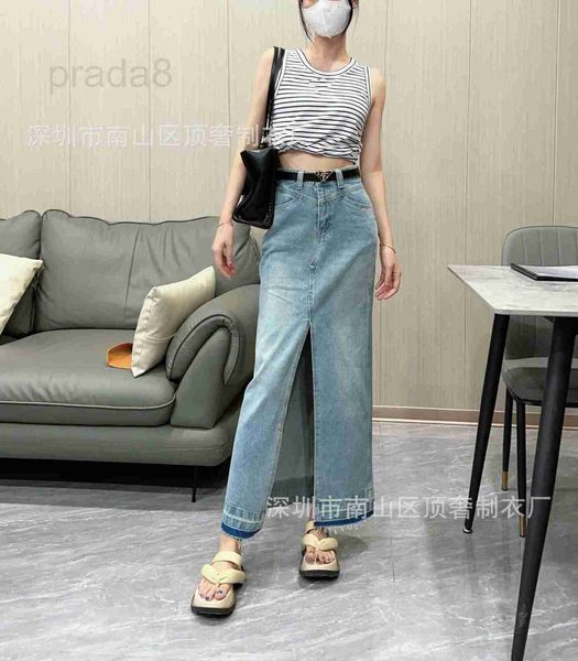 

skirts designer high-quality film triangle logo belt back pocket color matching large split design women's denim skirt 4283, Black