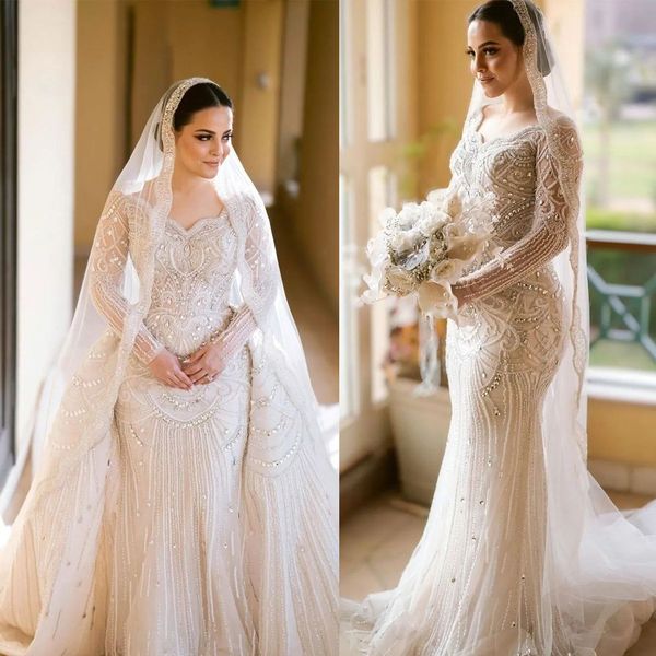 

luxury beading wedding mermaid dresses vintage full sleeve bridal gowns illusion crystal party dress vestido de novia, White