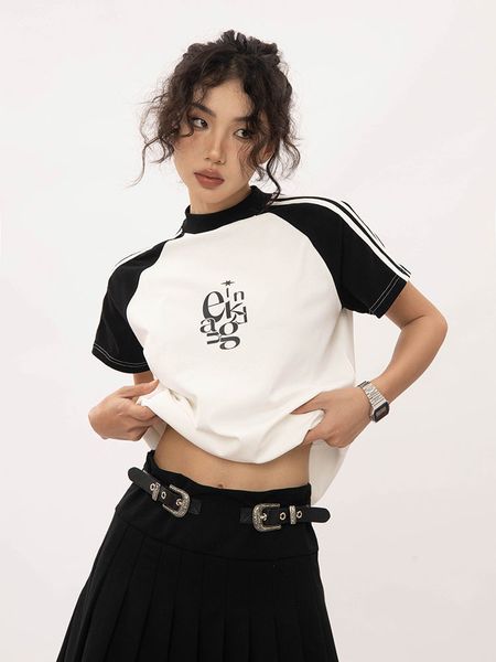 

women's tshirt houzhou vintage y2k women cotton tshirts casual short sleeve tees korean streetwear american retro female patchwork spor, White