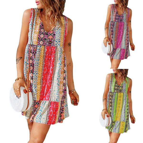 

summer floral patchwork ruffled v neck sleeveless mini dress, Black;gray