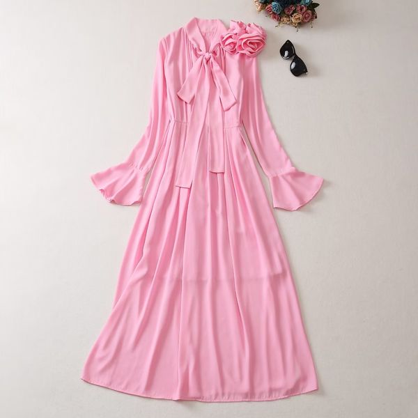 

european and american women's dress 2023 summer new style horn sleeve long sleeve disc flower fashion pink pleated dress xxl, Black;gray