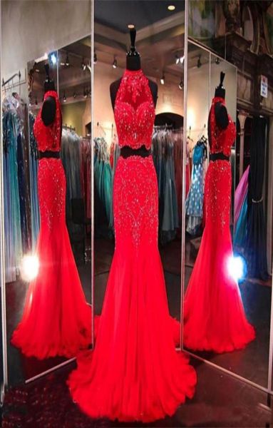 

real image red long evening dresses two pieces applique lace high neck chiffon mermaid prom bridal engaged gown 20173745119, Black;red