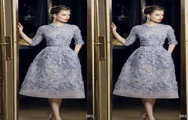 

fashion evening dresses elegant lace applique aline prom gowns 34 long sleeve tea length formal party celebrity dress custo2279481, Black;red