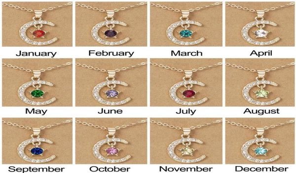 

birthstone month moon star pendent necklaces 12 months luck necklace with paper card for couple women girls gift5329827, Silver