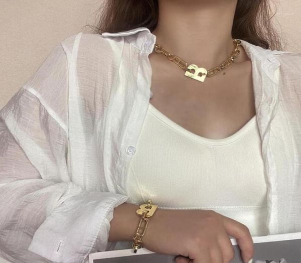 

2020 new fashion women gold plated metal b necklace bracelet thick link chain choker 2335661, Golden;silver