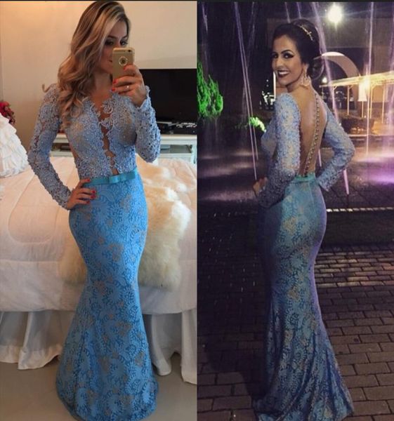 

long sleeves blue lace deep vneck crystals prom dress open back evening dress lace elegant long evening formal dress7616963, Black