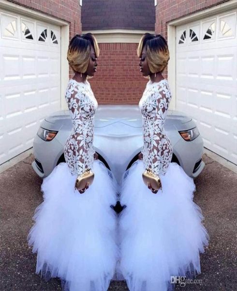 

2018 african white mermaid lace prom dresses for black girls long sleeves ruffles tulle floor length plus size evening prom gowns 8038352