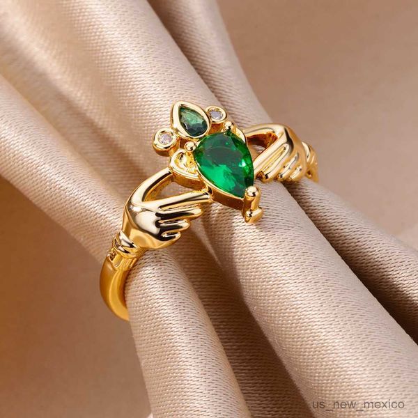 

band rings green zircon hug hands rings for women gold plated stainless steel wedding ring 2023 trend jewelry gift mujer r230719, Silver