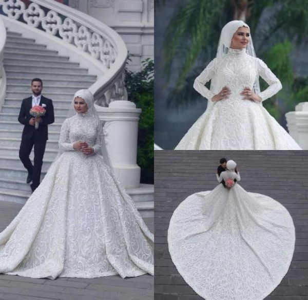 

high neck long sleeve arabic hijab muslim wedding dresses 2020 romantic appliques lace white bridal gowns court train abiti da spo5843791