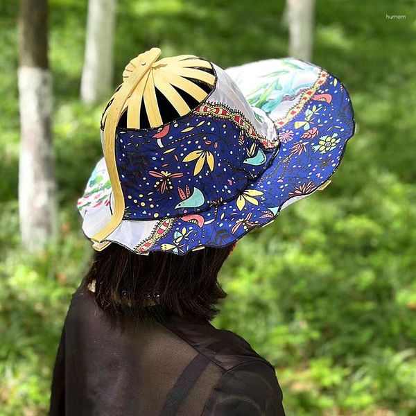 

wide brim hats summer folding fan cap hand held fans traveling caps for women girl cool sun hat bamboo dancing floral sunscreen, Blue;gray