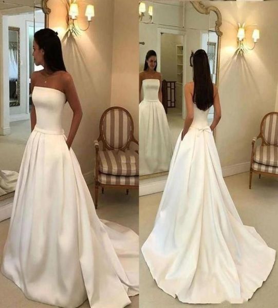 

2021 strapless wedding dresses with pockets bowtie with sweep train satin a line wedding bridal gowns8158838, White