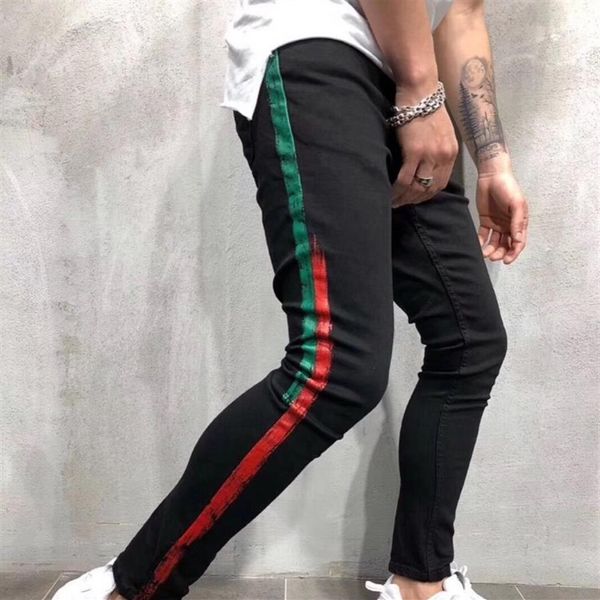 

men's jeans mens men designer skinny ripped red stripes pants stretch black slim biker jeans1185w, Blue