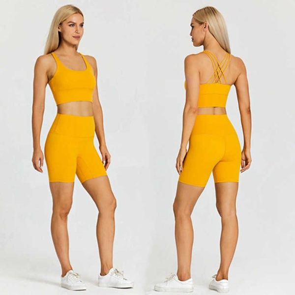 

ll-01 yoga outfit 2 piece nylon gym yoga sets 5" high waist shorts and sport bra elastic running fitness workout bottoms sports sets