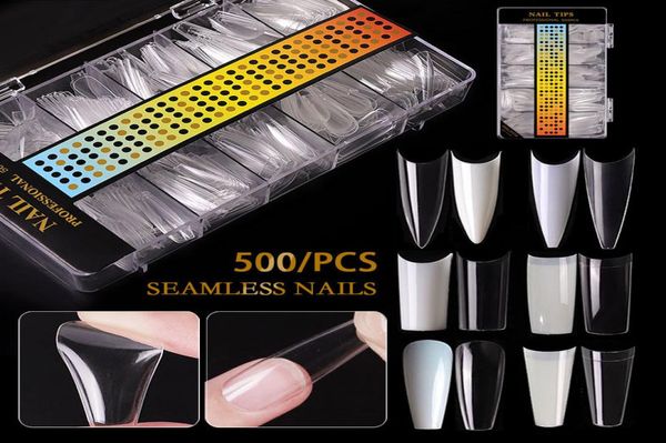 

500pcsbox nail tips acrylic false nails seamless nail extension full ballerina stiletto coffin french tip almond9450682, Red;gold