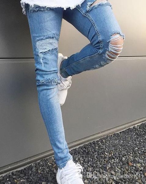 

hole ripped mens stretch casual denim jeans pants hip hop long pants skinny pencil trousers jeans s4xl9331295, Blue