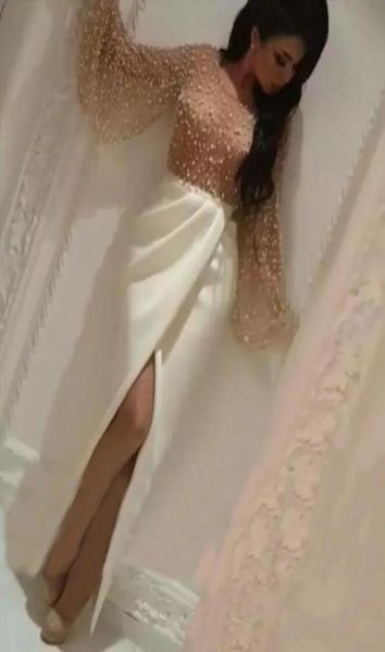 

dark nude pearls beads sheer long sleeves evening dresses 2020 crew neck sheath prom dresses with split skirt dubai arabic formal 4233486, Black;red