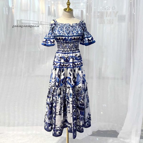 

fancy dress womens blue and white porcelain printed gathered waist slask neck bell sleeve midi fit flare cami dress, Black;gray