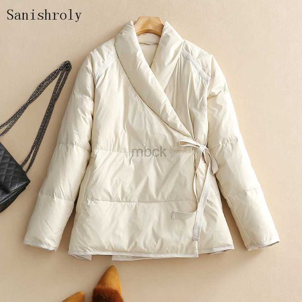 

women's down parkas vintage oblique collar 90%white duck down coat autumn winter women tie bow short oversize jacket lady fashion casua, Black