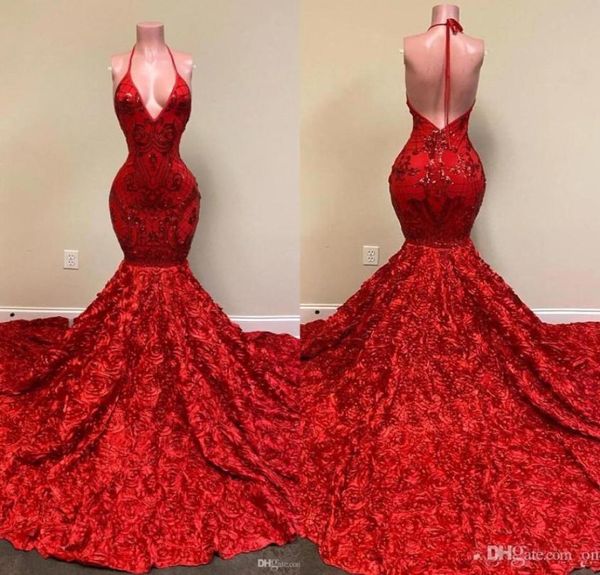 

2022 backless red prom dresses halter deep v neck lace appliques mermaid evening dress rose ruffles special occasion party go1869113, Black