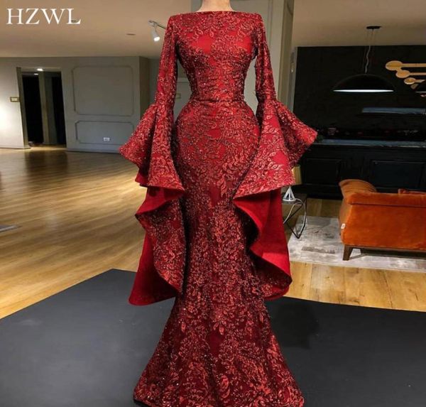 

luxury flare sleeve dark red applique sequins lace dubai evening dresses long sparkle mermaid prom dress 2020 robe de soiree5378365, Black;red