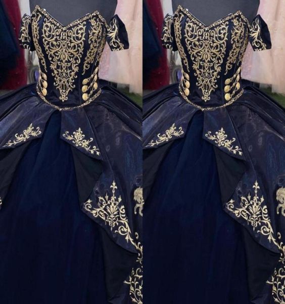 

gold embroidered horse quinceanera dresses 2023 navy blue ball gowns off shoulder princess layers sweet 16 dress graduation prom g8694945, Blue;red