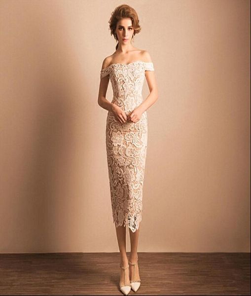 

vintage full lace sheath wedding dresses short tea length off shoulder champagne and ivory straight bridal gowns beach garden rece7386682, White