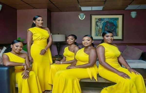 

yellow one shoulder sheath bridesmaid dresses african satin mermaid prom party dress with sash pleats long formal wedding guest go9815966, White;pink