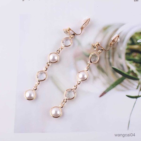 

charm fashion new luxury shiny rhinestone pearl clip on earrings for women statement jewelry wedding party gift r230719, Golden
