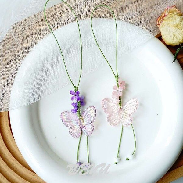 

national style hand woven creative butterfly flower bag hanging accessories personalized fashion mobile phone rope pending key chain, Slivery;golden