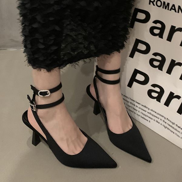 

dress shoes slingbacks high heels pumps women pointed toe thin heeled party shoes woman solid color ankle buckle summer sandals 230719, Black