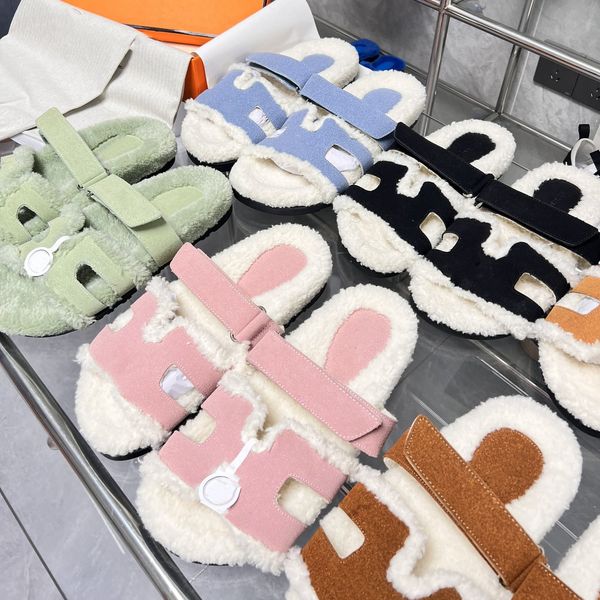 

winter chypre fur sandals shoes women men slides designer luxury flat comfort slippers lambskin wool shearling winter fluffy furry warm lazy, Black