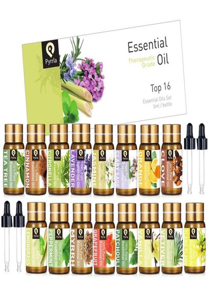 

pyrrla 5ml 16pcs pure essential oil gift set with oil dropper lavender lemongrass peppermint orange for aromatherapy humidifier8621168