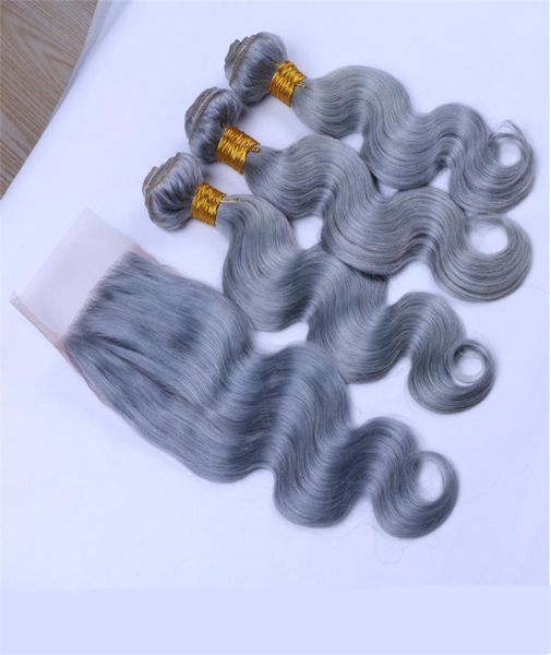 

ruma hair sliver grey pure color peruvian virgin hair 3 bundles with lace closure body wave hair with 44 lace closure8421283, Black;brown