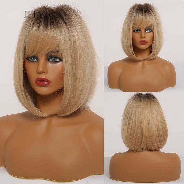 

synthetic wigs easihair brown to blonde ombre straight bob synthetic wigs for women medium length hair wig with bangs heat resistant 230227, Black