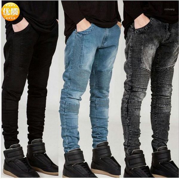 

men's jeans summer men stretch biker brand locomotive pants super skinny wrinkles slim feet play europe streetwear denim1304l, Blue