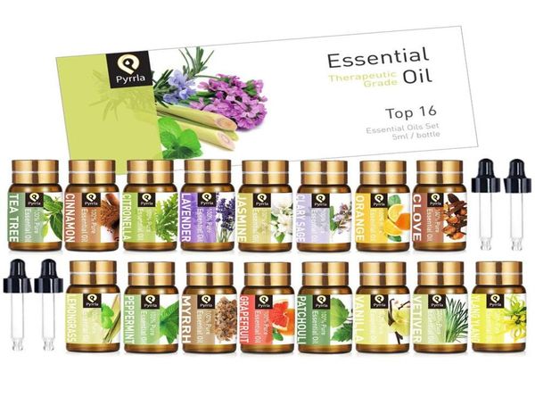

pyrrla 5ml 16pcs pure essential oil gift set with oil dropper lavender lemongrass peppermint orange for aromatherapy humidifier3735936