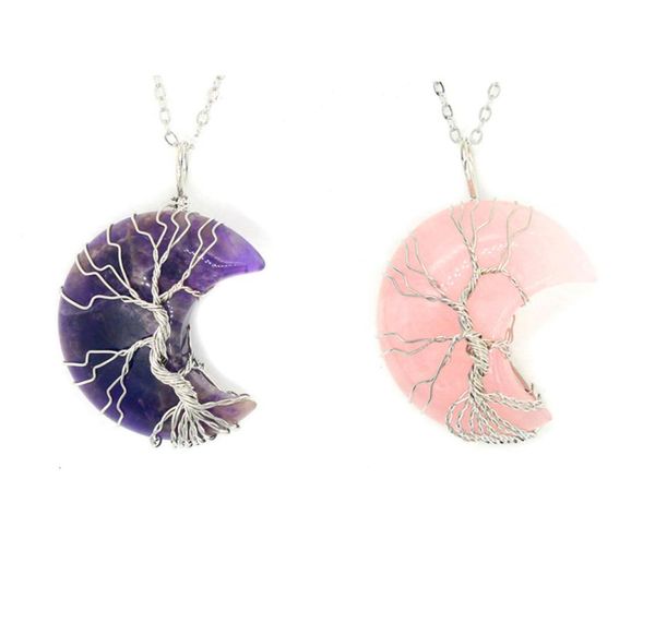 

jln crescent moon shape wire wrapped life tree gemstone pendant amethyst tiger eye quartz stone charm with brass chain necklace gi8411753, Silver