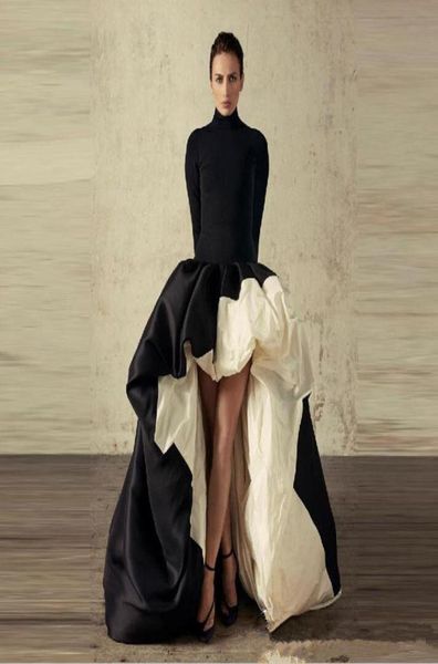 

african black and white evening dresses high neck satin prom dress ruffles sweep train hilo long sleeves formal cocktail party go6991731