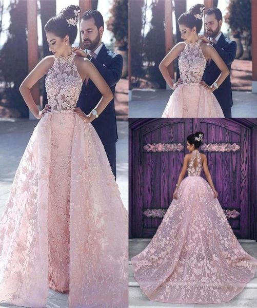 

2020 evening dresses wear arabic dubai pink 3d floral flowers ball gown over skirts lace appliques plus size formal party dress pr6113337, Black;red