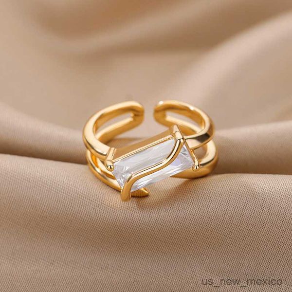 

band rings rectangle zircon rings for women open adjustable stainless steel double layers finger ring trend couple wedding jewelry r230719, Silver