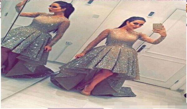 

2019 sparkly sequins prom dresses o neck high low long sleeve ruffles formal evening dresses arabic dubai style4478290, Black