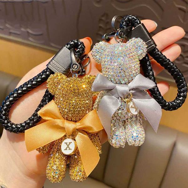 

key rings creative rhinestone bow letter gloomy bear car keychain cartoon couple bag pendant letter necklace pompom key chain ring gifts l23, Slivery;golden