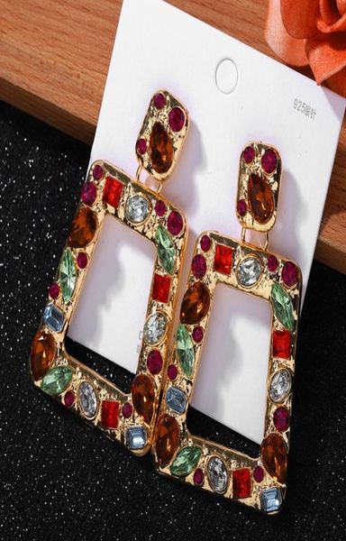 

geometric box pendant stud earrings for women girls fashion designer exaggerated colorful rhinestone crystal diamond style7922456, Golden;silver