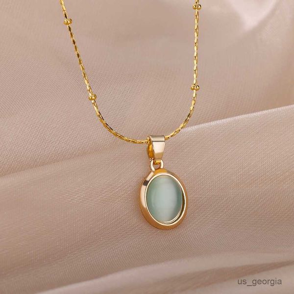 

pendant necklaces stainless steel round opal necklace for women girls natural stone pendant gold color choker necklaces jewelry r230719, Silver