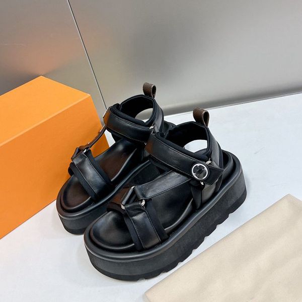 

summer women aalf leather shoes luis sandals quilted platform flats low heels buckle cuttonity sandals slipper ankle strap beach sneakers gd, Black