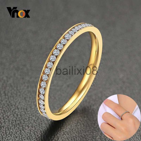 

band rings vnox 2mm bling cz stones ring for women lady gold color stainless steel shinny crystal finger band elegant jewelry j230719, Silver
