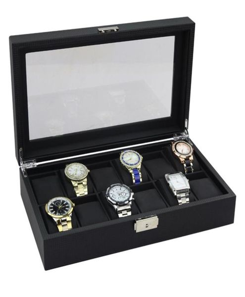 

2019 luxury design carbon fiber leather inner wood with cushion case collect watch box 1012 storage travel box exw box 5361911, Black;blue