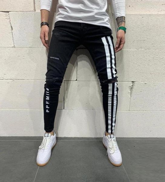 

jeans for men fashion 2021 letter printing men039s slim fit ripped feet pants paint printed black denim trousers7273828, Blue